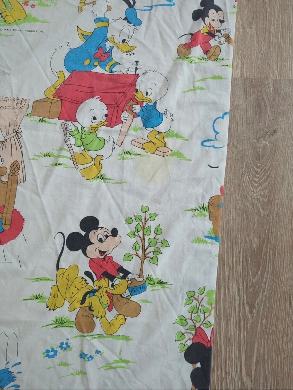 Vintage DISNEY MICKEY & Friends Chores FULL Cottom Flat Sheet Fabric 64x90